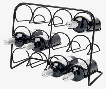 Bild på stilrent vinställ i svart metall för åtta flaskor